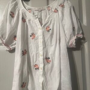 LOFT White Blouse with Pink Floral Embroidery